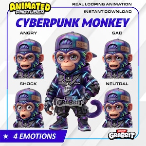 May include: Digital illustration of a cyberpunk monkey with four different facial expressions: angry, sad, shocked, and neutral. The monkey wears a purple and blue hoodie, cap, and accessories. Text includes "CYBERPUNK MONKEY" and "4 EMOTIONS".