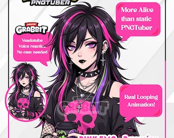 Animiertes Punk Gamer Girl PNGTuber | Neon Pink Totenkopf Anime Silhouette (Veadotube Mini)