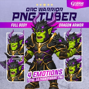 May include: Digital illustration of an Orc Warrior in Dragon Armor. The image features a green-skinned character with purple horns and armor, showcasing four different emotional expressions. Text includes "ORC WARRIOR PNG TUBER" and "4 EMOTIONS TOTAL 16 TRANSPARENT PNG".