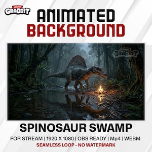 May include: Animated background featuring a Spinosaurus in a swamp setting. The image shows a dinosaur in a dark, lush forest with a small fire. Text includes "Animated Background" and "Spinosaur Swamp".