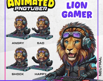 León animado gamer PNGTuber, modelo Vtuber cyberpunk, 5 emociones (listo para Veadotube)