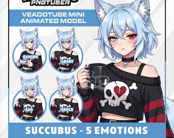 Blaues Wolf-Mädchen PNGTuber Modell | Pelziger Wolf PNG Charakter | 5 Emotionen | Veadotube MiniAvatar