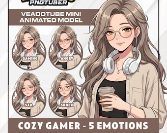 Gemütliches Gamer-Girl-PNGTuber-Model | Anime-Avatar mit braunen Haaren (PNG) | Gemütliche Streamerin (PNGTuber) | Veadotube Mini | 5 Gesichtsausdrücke