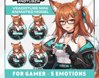 Fuchs Mädchen PNGTuber Modell | Anime Fuchs PNG-Avatar | Streetwear Gamer Girl PNGTuber | Veadotube Streamer Profilbild | 5 Ausdrücke