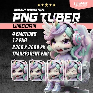 Könnte beinhalten: Digitaler Download-Grafik mit einem Cartoon-Einhorn mit vier verschiedenen Ausdrücken. Das Einhorn hat eine bunte Mähne, ein Headset und sitzt in einem Gaming-Stuhl. Der Text enthält "PNG Tuber", "Unicorn" und "4 Emotions".