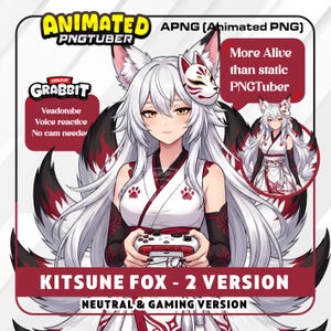 May include: An animated PNGTuber character with long white hair, fox ears, and multiple tails, wearing a white and red outfit with paw prints. The character holds a game controller. Text includes ANIMATED PNGTUBER, GRABBIT, and KITSUNE FOX - 2 VERSION.