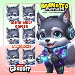 Könnte beinhalten: Eine Illustration eines animierten Chibi-Wolf-Gamers mit sieben Emotionen. Der Wolf trägt eine lila-blaue Jacke und Kopfhörer und hält einen blauen Gamecontroller. Text enthält "Animated PNGTuber" und "Design by Grabbit".