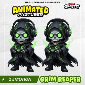 May include: Animated PNGTuber graphic of a Grim Reaper character with green glowing eyes and accents. The reaper is dressed in a black hooded robe and headphones, holding a game controller. The image includes the text "1 Emotion" and "Grim Reaper".
