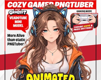 Chica gamer acogedora PNGTuber / Avatar gamer naranja y negro / Lindos auriculares con orejas de gato PNG Tuber / PNGTuber animado / Avatar de streamer gamer