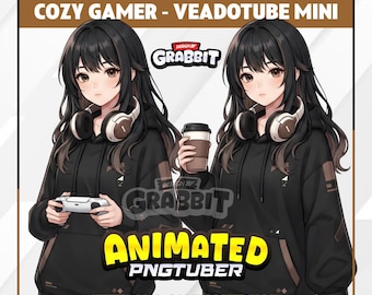 Animiertes Cozy Brown Gamer PNGTuber-Modell | Brauner Anime PNG-Avatar | Cozy Girl PNGTuber | Gamer Girl Stream-Avatar – 2 Versionen