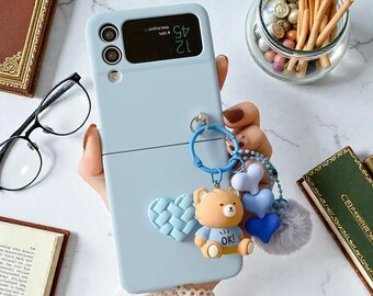 ぬいぐるみベアZフリップケース、ハート型チェーンストラップ付き、耐衝撃カバー
