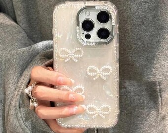 パールリボンラインストーンiPhoneケースグリッターブリング耐衝撃ラグジュアリーカバー