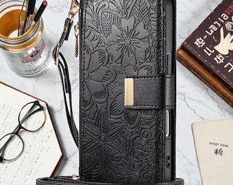 ジッパー付きウォレット型iPhoneケース（カードホルダー、リストストラップ、マグネット式フリップカバー付き）