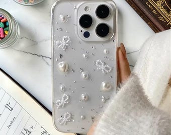 3Dパールリボン付きスマホケース：クリア、シルバー箔、耐衝撃保護カバー