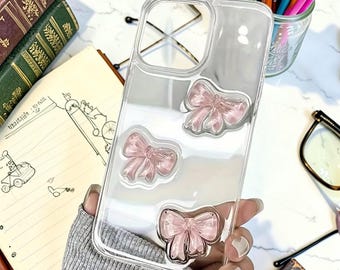 3Dピンクのリボン付きクリアiPhoneケース、グリッター入り、耐衝撃保護機能付き