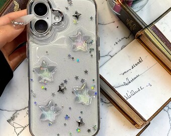 キラキラ輝く星型iPhoneケース クリアグリッター 耐衝撃レンズプロテクターカバー