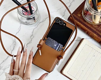 レザー製カードホルダー付きフリップ式スマホケース（ストラップ付き、クロスボディウォレットカバー）