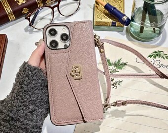 クロスボディウォレット型スマホケース、カードホルダー、ストラップ付き、レザー製iPhoneカバー