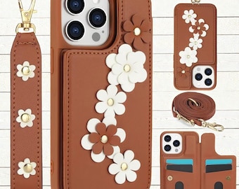 花柄ウォレット型スマホケース、クロスボディストラップ付き、カードホルダー、保護カバー