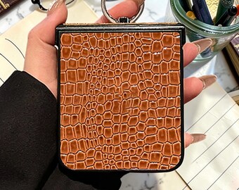 ブラッククロコダイルレザーフリップフォンケースリングホルダー3Dフラワー耐衝撃カバー