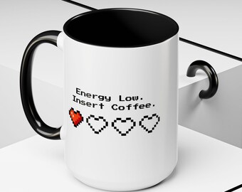 Energy Low Insert Coffee Mug, Retro 8 Bit Gamer Gift, Pixel Style Game Coffee Mug, Coffee Lover Funny Mug