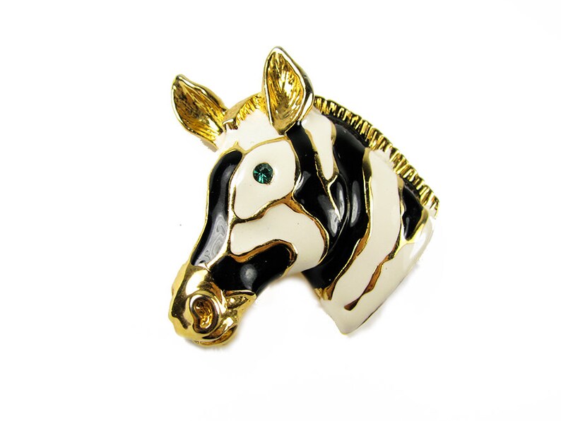 Vintage Zebra Brooch With Green Rhinestone Eye Etsy