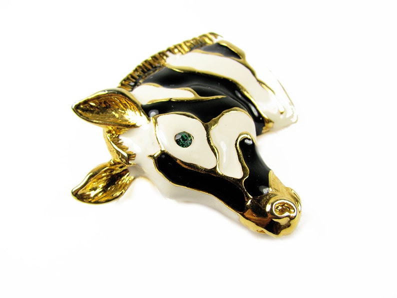 Vintage Zebra Brooch With Green Rhinestone Eye Etsy