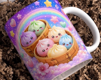 Diseño PNG de taza con diseño de dumpling kawaii, 11 oz y 15 oz, diseño de sublimación, lindo diseño de taza de dim sum, arte de comida con purpurina arcoíris pastel, descarga instantánea.