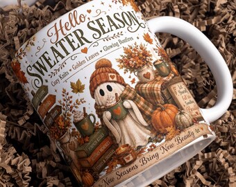 Diseño PNG para taza con fantasma otoñal, tazas de 11 oz y 15 oz con diseño de sublimación, diseño 3D para taza de café, lindo regalo de Halloween otoñal, descarga digital PNG.