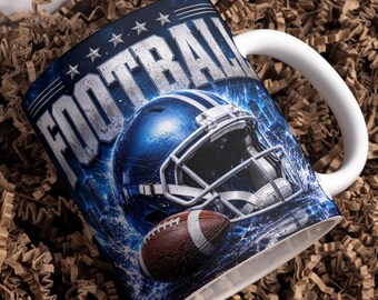 Taza de regalo de fútbol imprimible, diseño deportivo azul y plateado por sublimación, taza de café de 11 oz y 15 oz, regalo con casco de fútbol, descarga instantánea