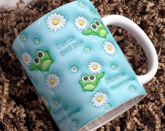 Diseño PNG de envoltorio para taza con rana inflada, diseño de sublimación para taza con flor de margarita de 11 oz y 15 oz, Jardín secreto de paz y alegría, taza de café kawaii PNG