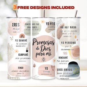 Promesas de Dios con versículo bíblico en español / Regalo cristiano basado en la fe, envoltura para vaso delgado de 20 oz / Diseño PNG de sublimación (descarga digital)