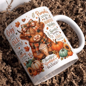 Fall Highland Cow Mug Wrap PNG, 11oz 15oz Mug Sublimation Design, Pumpkin Spice Cozy Autumn Quotes, Thanksgiving Coffee Lover Gift PNG