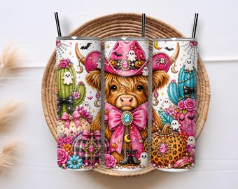Diseño PNG de vaca de las Tierras Altas de Halloween estilo western, vaso delgado de 20 oz con diseño de vaca de las Tierras Altas rosa para sublimación (descarga digital)