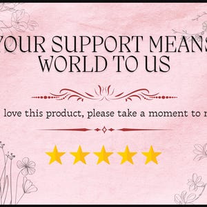 Puede incluir: Un fondo rosa con el texto "YOUR SUPPORT MEANS WORLD TO US" en negro. Debajo, dice "If you love this product, please take a moment to rate us." Hay cinco estrellas doradas.