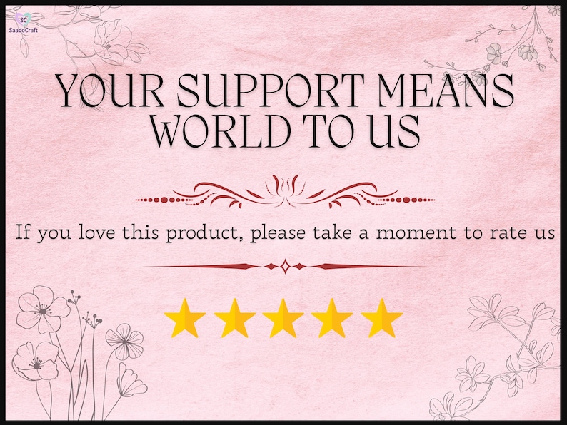 Puede incluir: Un fondo rosa con el texto "YOUR SUPPORT MEANS WORLD TO US" en negro. Debajo, dice "If you love this product, please take a moment to rate us." Hay cinco estrellas doradas.