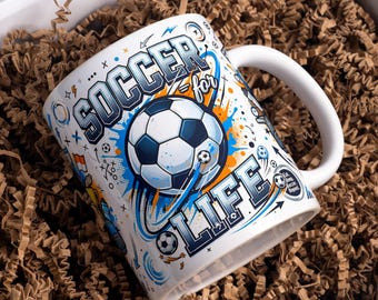 Diseño de taza "Soccer Life" para sublimación PNG, 11 oz y 15 oz. Diseño de taza de café para amantes del fútbol (descarga digital).