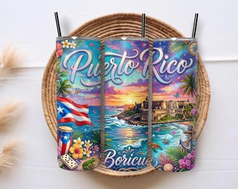Puerto Rico Tumbler Wrap PNG JPG, Diseño de sublimación Boricua, El Morro Hibiscus Coqui Domino 20oz Skinny Tumbler