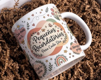 Diseño de taza con recordatorios diarios en español, plantilla para tazas de 11 oz y 15 oz, taza motivacional, taza con afirmaciones diarias, taza para la salud mental (descarga digital PNG)