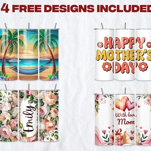 Puede incluir: Cuatro vasos de acero inoxidable con varios dise&ntilde;os. Uno presenta una escena de playa con palmeras y una hamaca. Otro dice "Happy Mother's Day". Un tercero tiene estampados florales y el nombre "Emily". El &uacute;ltimo dice "With love, Mom."
