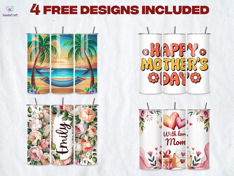 Puede incluir: Cuatro vasos de acero inoxidable con varios dise&ntilde;os. Uno presenta una escena de playa con palmeras y una hamaca. Otro dice "Happy Mother's Day". Un tercero tiene estampados florales y el nombre "Emily". El &uacute;ltimo dice "With love, Mom."