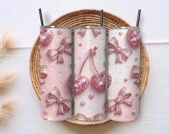 Opgeblazen strass beker wrap met kersenstrik png, ontwerp beker roze coquette kersen, 20 oz valentijnsbeker sublimatie, png
