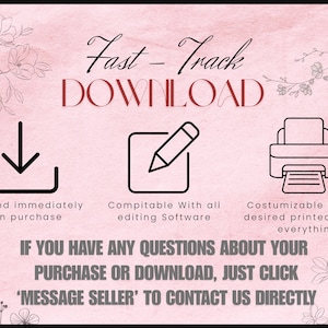 Puede incluir: Imagen con fondo rosa que presenta el texto "Fast-Track DOWNLOAD" e iconos que representan la entrega inmediata, la compatibilidad con software de edici&oacute;n y el tama&ntilde;o de impresi&oacute;n personalizable. El texto anima a contactar al vendedor para cualquier consulta.