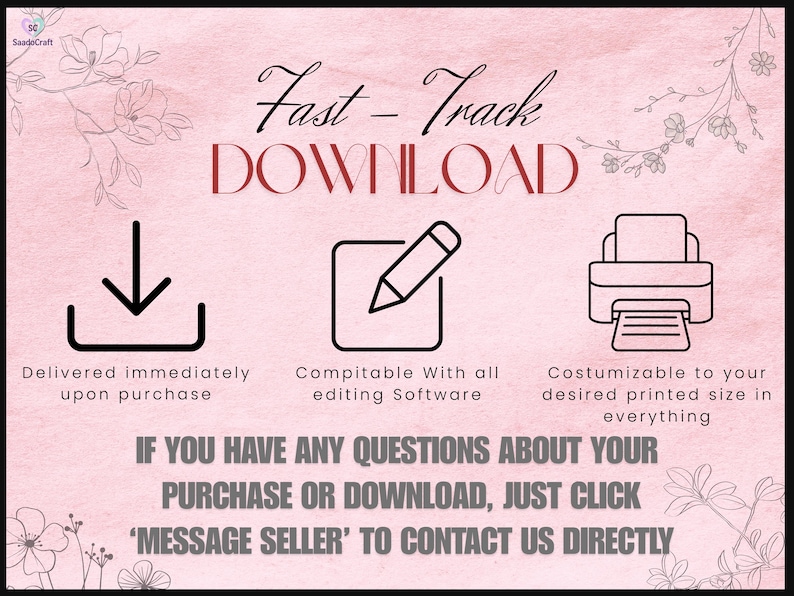 Puede incluir: Imagen con fondo rosa que presenta el texto "Fast-Track DOWNLOAD" e iconos que representan la entrega inmediata, la compatibilidad con software de edici&oacute;n y el tama&ntilde;o de impresi&oacute;n personalizable. El texto anima a contactar al vendedor para cualquier consulta.
