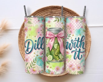 Diseño divertido de pepinillo para vaso térmico de 20 oz con estampado de eneldo, imagen PNG de vaso térmico delgado con diseño de pepinillo, descarga digital.