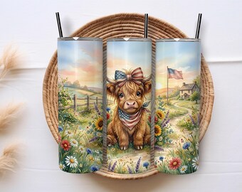 Diseño patriótico de vaca de las Tierras Altas PNG para vaso de 20 oz, delgado / Diseño de sublimación del 4 de julio / Diseño floral americano de vaca en rojo, blanco y azul