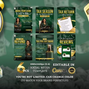 Pakiet 6 ulotek podatkowych: edytowalne szablony Canva Tax Pro, sezon podatkowy, lista kontrolna podatkowa, oprogramowanie podatkowe (do natychmiastowego pobrania)