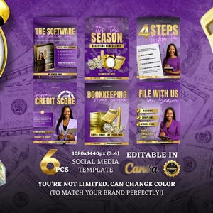 Może przedstawiać: Zestaw szablonów mediów społecznościowych w fioletowo-złotej kolorystyce. Projekt zawiera sześć grafik z tekstem, takim jak "The Software", "It's Tax Season" i "Increase Credit Score". Szablon jest edytowalny w Canva.