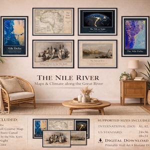 May include: A collection of framed wall art prints featuring maps and climate data of the Nile River. The prints include images of the Nile Delta, a full course map, and the Nile at night. The prints are displayed in a living room setting.