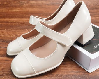 Ivory Leather Mary Janes Women | Handmade Patent Square Toe Block Heel Shoes | Retro Vintage Comfortable Pumps | Wedding Office work shoes